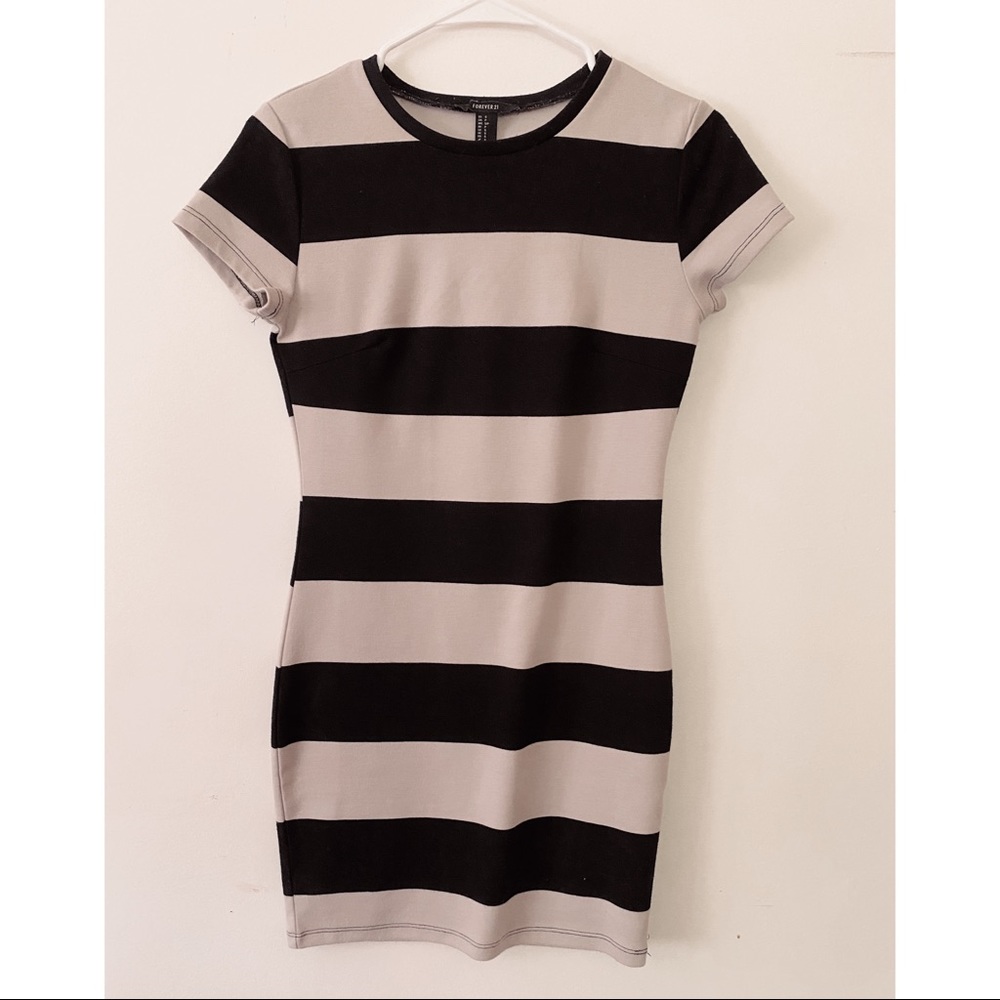 tan and black striped bodycon dress
